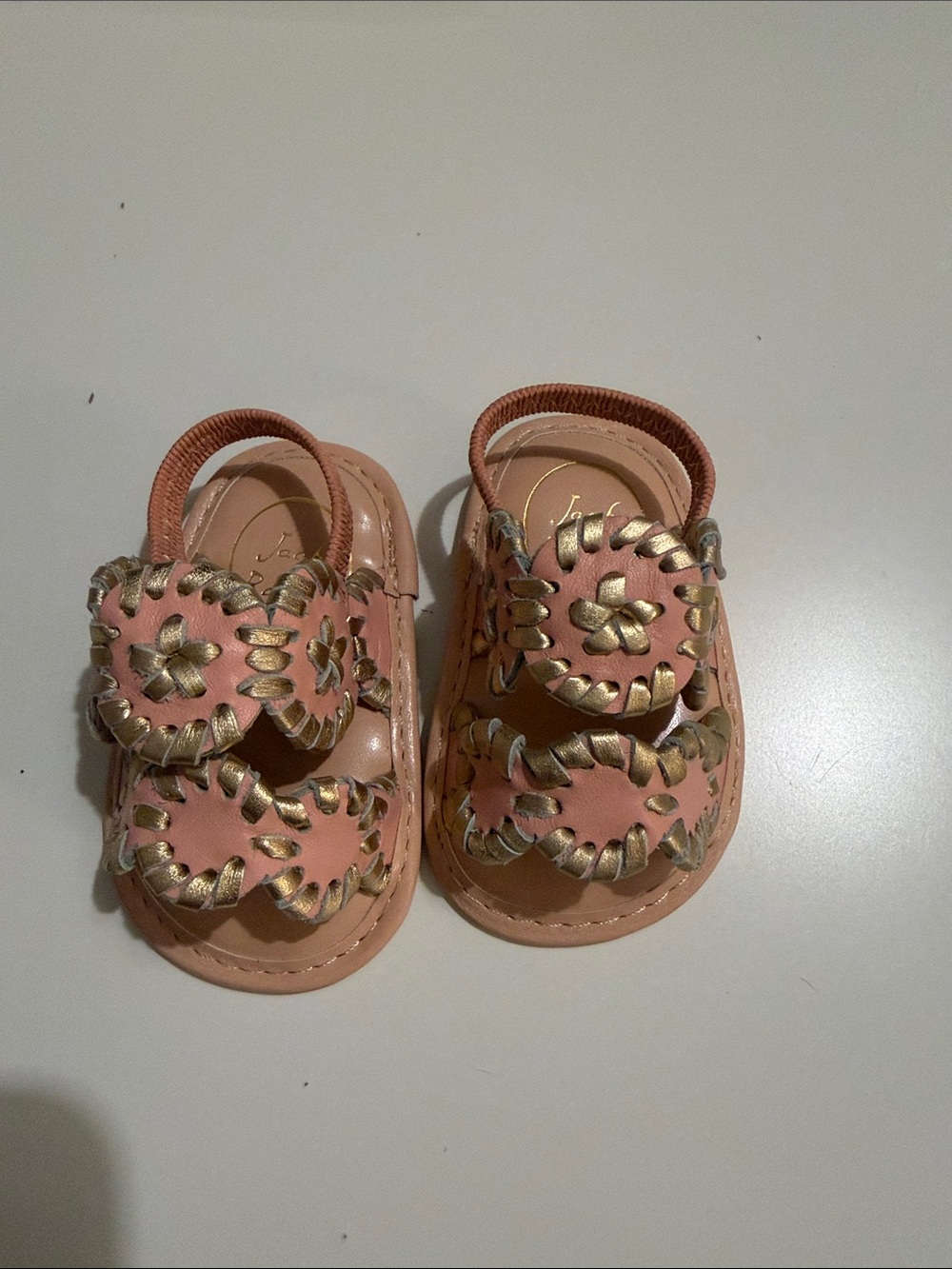 Jack Rogers Baby Lauren Blush Pink and Gold Leather Sandals Sz. 1 (6 wk - 3 mo)